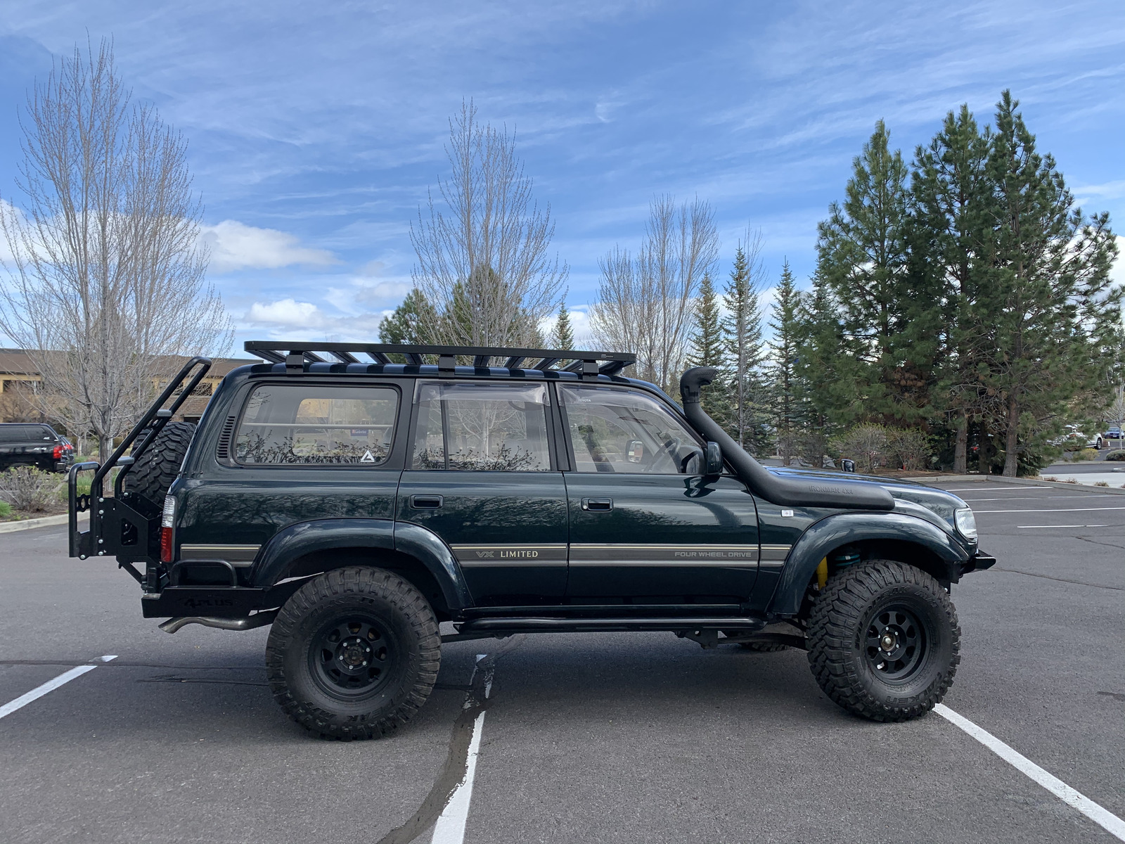 80 Series Land Cruiser side profile with snorkel and roof rack
